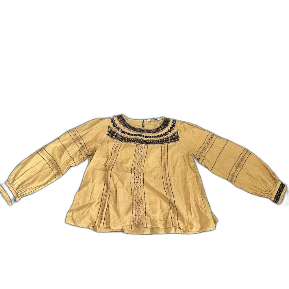 Zara yellow embroidered boho long sleeve peasant blouse M